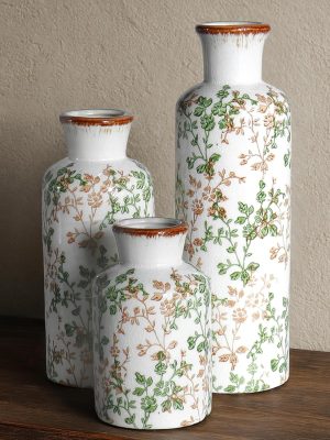 Ceramic Vase Set of 3, Vintage Ceramic Flower Vases, Crackle-Glaze & Distressed Rim, Brown & Green Botanical Pattern, for Home Decor, Living Room Mantel & Dining Table Centerpiece