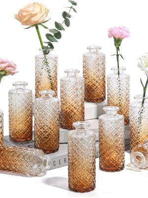 Glass Bud Vases Set of 12, Small Diamond Bud Vases in Bulk, Mini Flowers Vases for Centerpieces, Vintage Decor Centerpiece for Table, Wedding Recepetion, Home, Gift (Gradient Amber)