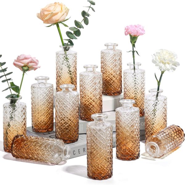 Glass Bud Vases Set of 12, Small Diamond Bud Vases in Bulk, Mini Flowers Vases for Centerpieces, Vintage Decor Centerpiece for Table, Wedding Recepetion, Home, Gift (Gradient Amber)