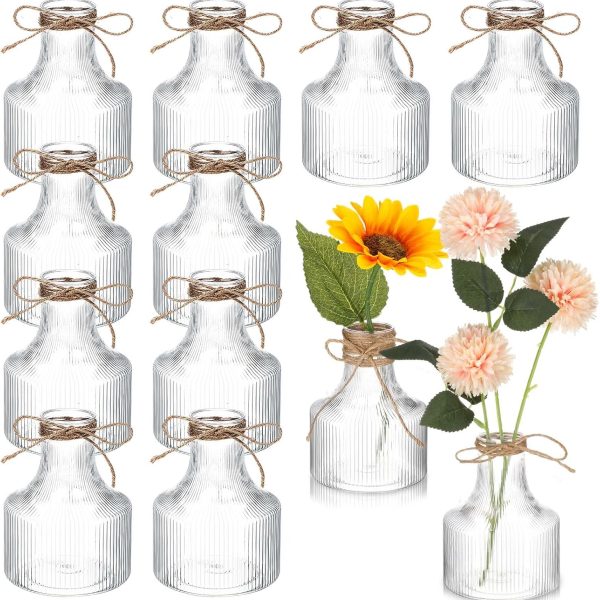 12 s 5 Inch Small Plastic Flower Bud Vases Aesthetic Centerpieces Decorative Cylinder Vase Bulk for Wedding Home Table Decorations Flower Plant Propagation with Twine (Clear)