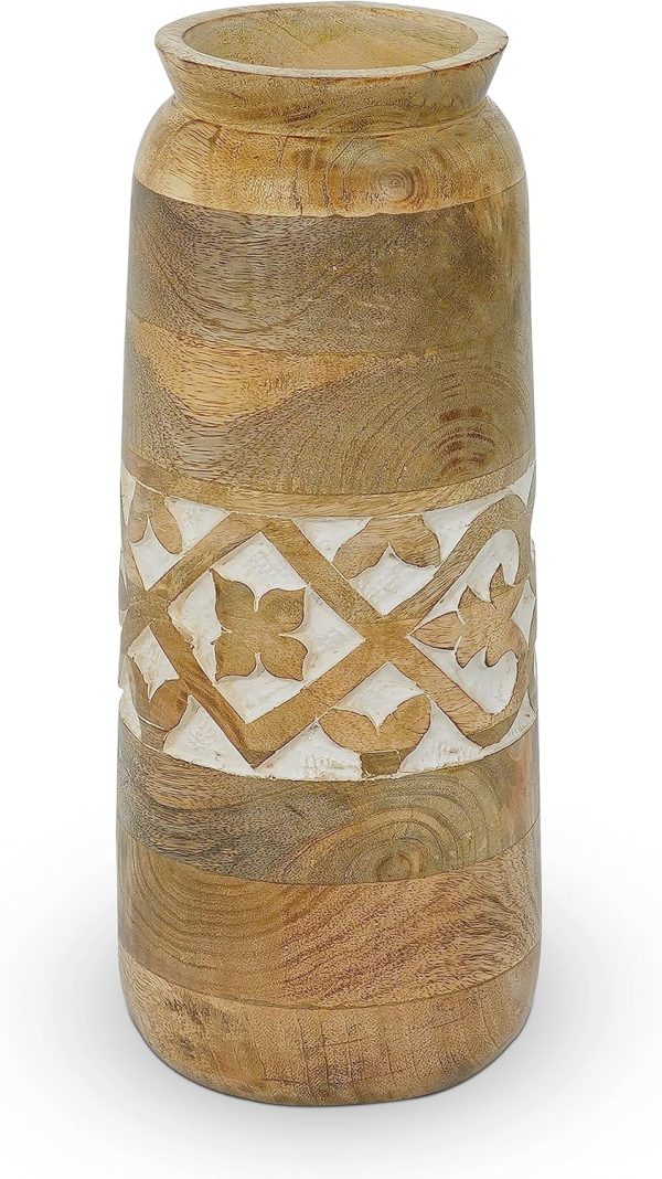 Large Wood Vase (Whitewash, 12” x 4” x 3.6”) – Mango Wood Large Decorative Vase for Living Room, Bedroom, Coffee Table & More – Handmade Flower Vase - Elegant & Beautiful Home Decorations