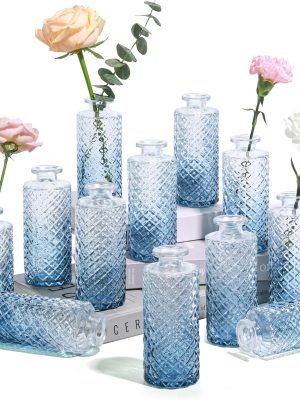 Glass Bud Vases Set of 12, Small Diamond Bud Vases in Bulk, Mini Flowers Vases for Centerpieces, Vintage Decor Centerpiece for Table, Wedding Recepetion, Home, Gift (Gradient Grey Blue)