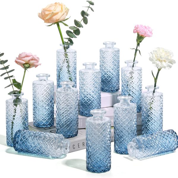 Glass Bud Vases Set of 12, Small Diamond Bud Vases in Bulk, Mini Flowers Vases for Centerpieces, Vintage Decor Centerpiece for Table, Wedding Recepetion, Home, Gift (Gradient Grey Blue)