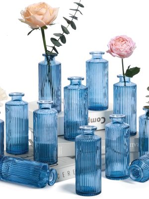 Glass Bud Vases Set of 12, Small Bud Vase in Bulk, Mini Flower Vase for Centerpiece, Vintage Decorative Vase Set for Flowers, Wedding Reception, Christmas, Home Decor (Grey Blue)