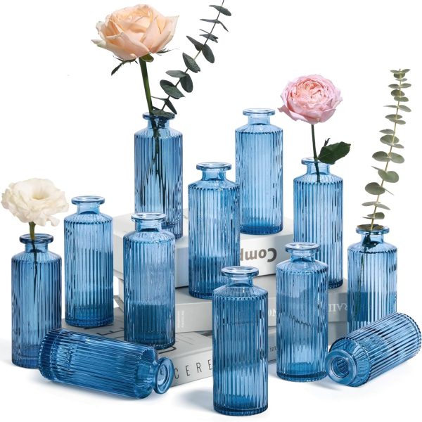 Glass Bud Vases Set of 12, Small Bud Vase in Bulk, Mini Flower Vase for Centerpiece, Vintage Decorative Vase Set for Flowers, Wedding Reception, Christmas, Home Decor (Grey Blue)