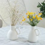 White Ceramic Vase Set - 2 Small Vases with Handle, Pottery Vases for Modern Home Decor, Minimalist Matte Pitcher for Fowers, Decorative Clay Vase Centerpiece Dining Table Decorations