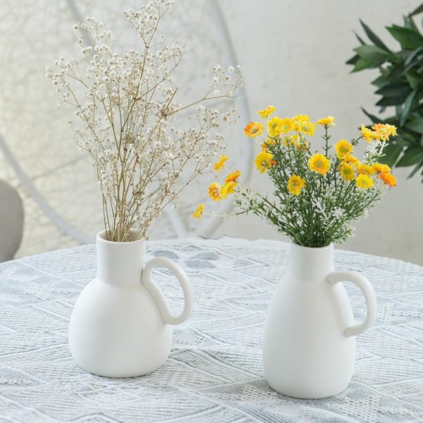 White Ceramic Vase Set - 2 Small Vases with Handle, Pottery Vases for Modern Home Decor, Minimalist Matte Pitcher for Fowers, Decorative Clay Vase Centerpiece Dining Table Decorations