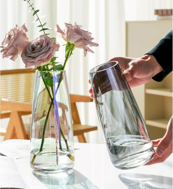 Modern Glass Vase Irised Crystal Clear Glass Vase for Home Office Decor (Crystal Grey)