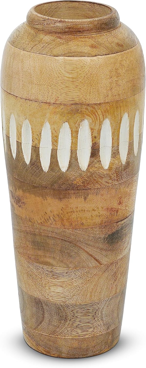 Large Wood Vase (Natural Whitewash, 12 x 3.5 x 2.5) – Mango Wood Large Decorative Vase for Living Room, Bedroom, Coffee Table & More – Handmade Flower - Elegant & Beautiful Home Decorations